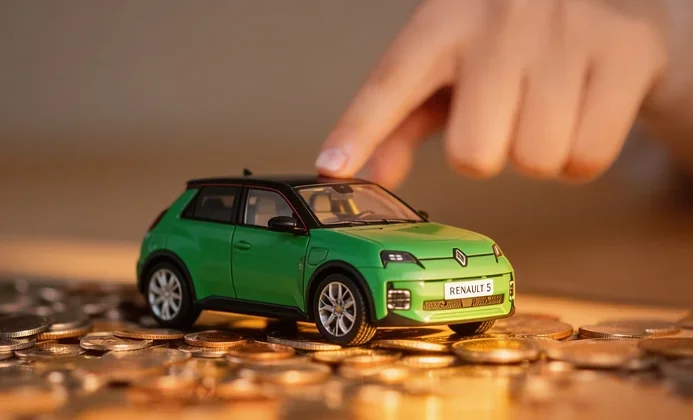 Modèle réduit de voiture posé sur des pièces